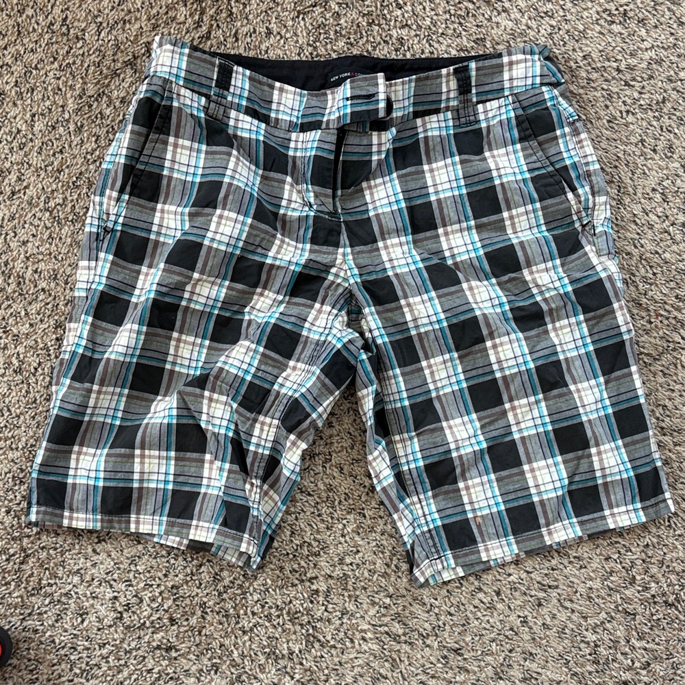 New York & Company Women's Plaid Shorts - Black and Blue